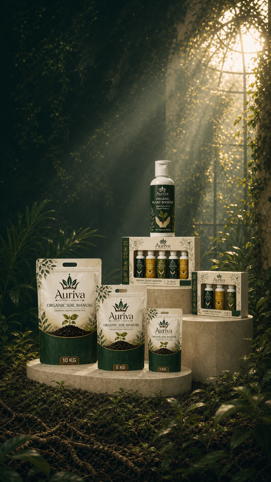 Auriva liquid plant booster and solid organic soil manure collections in a sunlit botanical conservatory